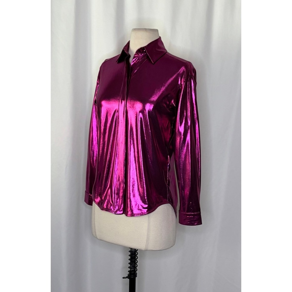 By ANTHROPOLOGIE Magenta Pink Shimmer Shine Lamé Buttondown Top Blouse X-Small - Picture 7 of 16